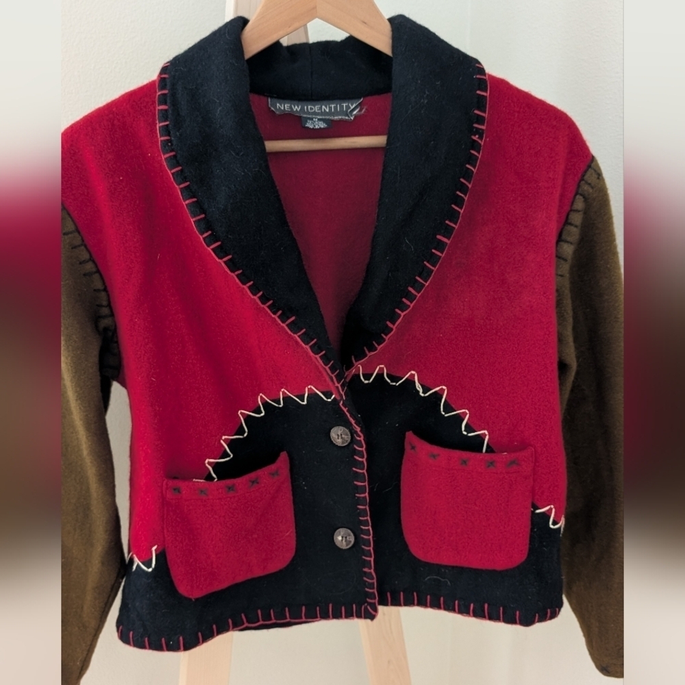 Vintage Western Style Embroidered Cropped Wool Jacket In Red/Brown/Black - Picture 6 of 8